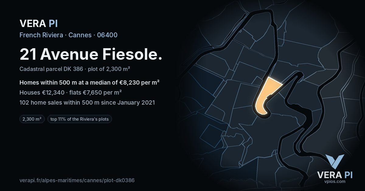21 Avenue Fiesole, Cannes at night – the plot lit, the parcels around coloured by the prices near them