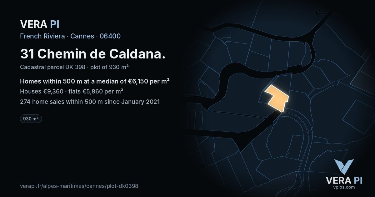 31 Chemin de Caldana, Cannes at night – the plot lit, the parcels around coloured by the prices near them