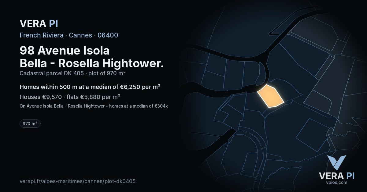 98 Avenue Isola Bella - Rosella Hightower, Cannes at night – the plot lit, the parcels around coloured by the prices near them