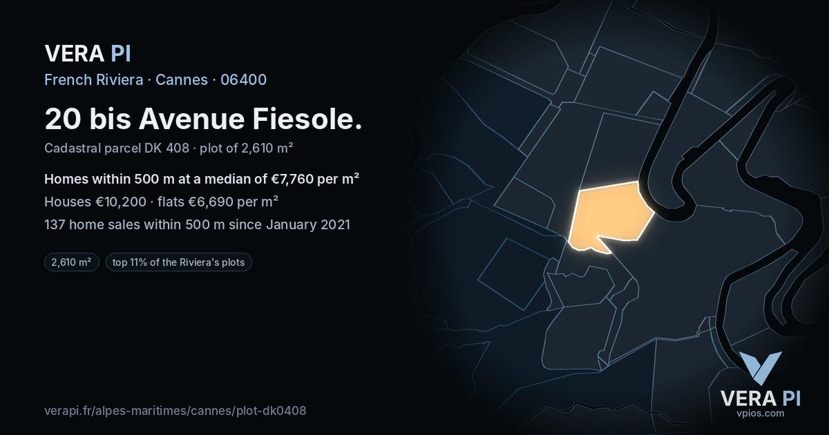 20 bis Avenue Fiesole, Cannes at night – the plot lit, the parcels around coloured by the prices near them