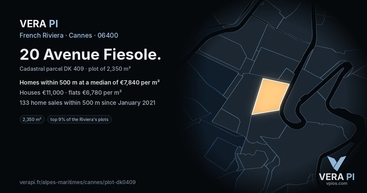 20 Avenue Fiesole, Cannes at night – the plot lit, the parcels around coloured by the prices near them