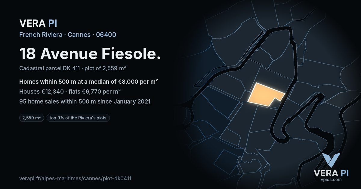 18 Avenue Fiesole, Cannes at night – the plot lit, the parcels around coloured by the prices near them
