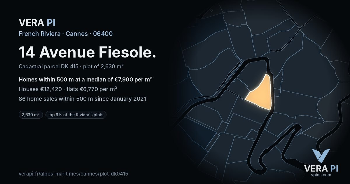 14 Avenue Fiesole, Cannes at night – the plot lit, the parcels around coloured by the prices near them