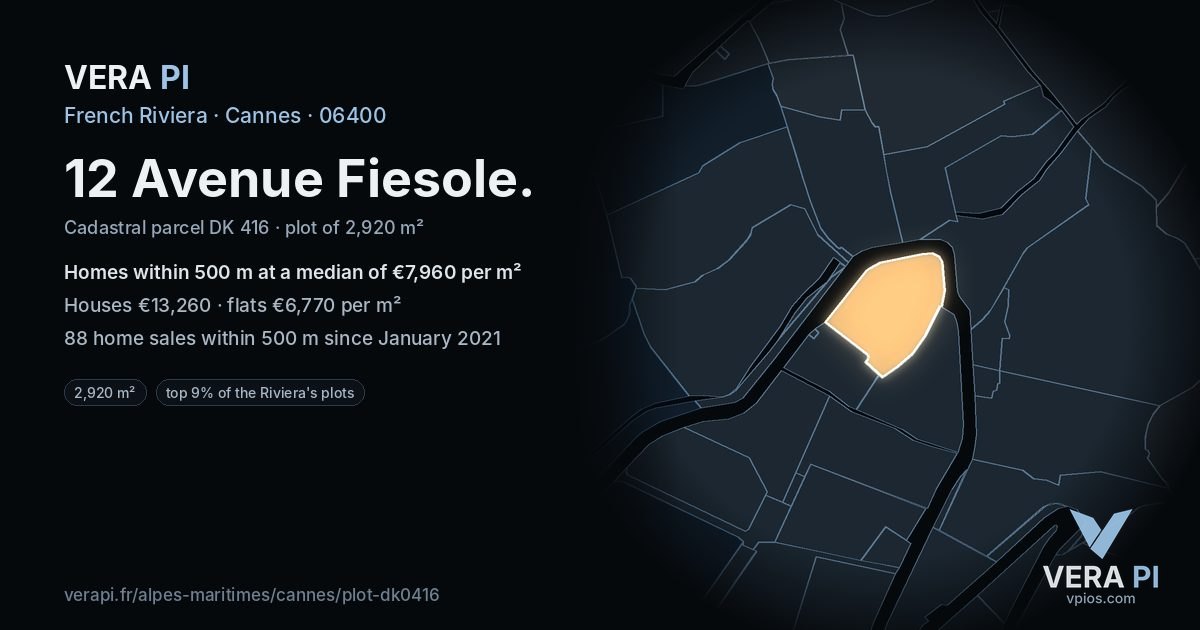 12 Avenue Fiesole, Cannes at night – the plot lit, the parcels around coloured by the prices near them