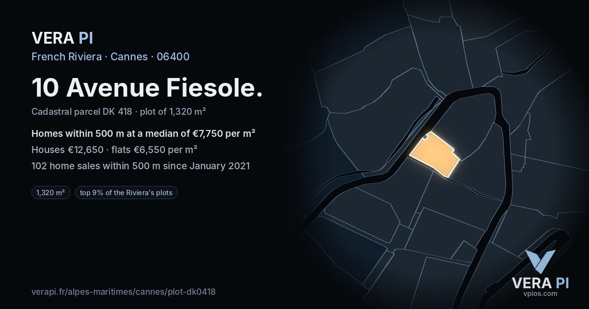 10 Avenue Fiesole, Cannes at night – the plot lit, the parcels around coloured by the prices near them