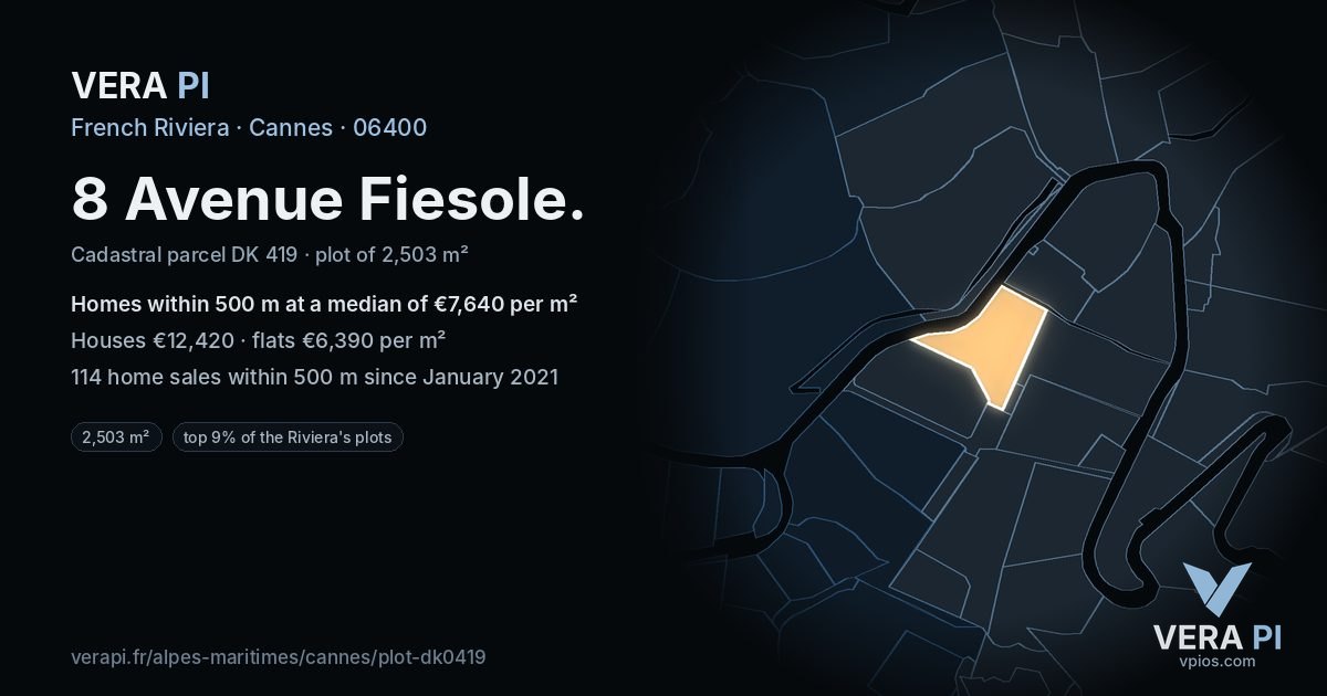 8 Avenue Fiesole, Cannes at night – the plot lit, the parcels around coloured by the prices near them