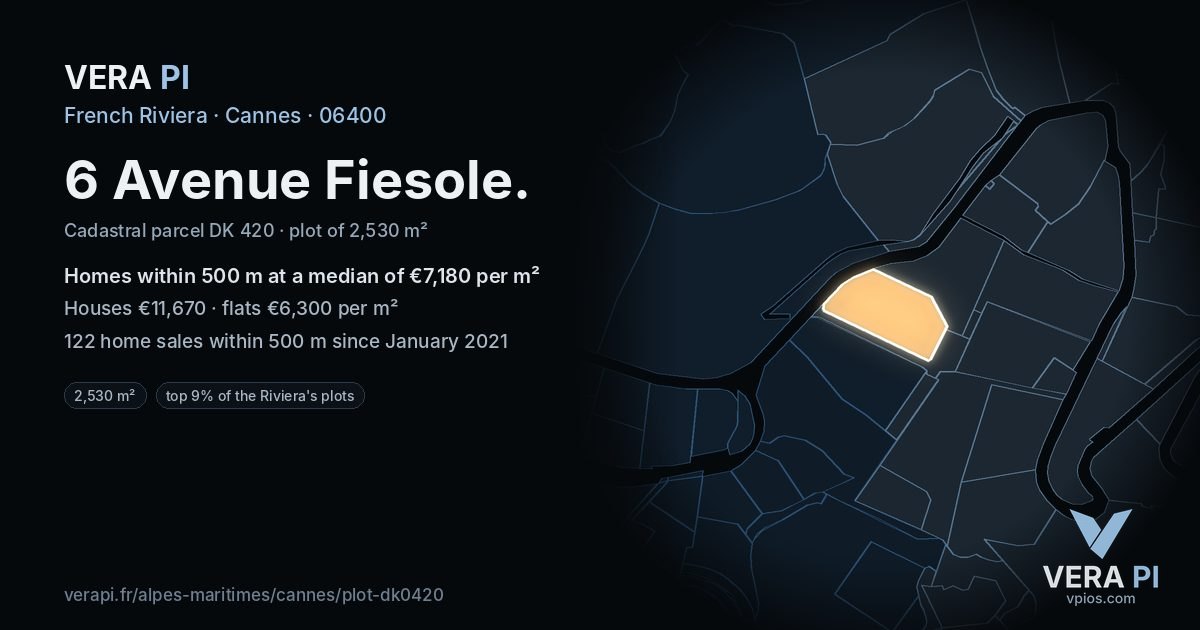 6 Avenue Fiesole, Cannes at night – the plot lit, the parcels around coloured by the prices near them