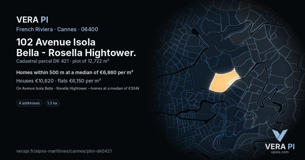102 Avenue Isola Bella - Rosella Hightower, Cannes at night – the plot lit, the parcels around coloured by the prices near them