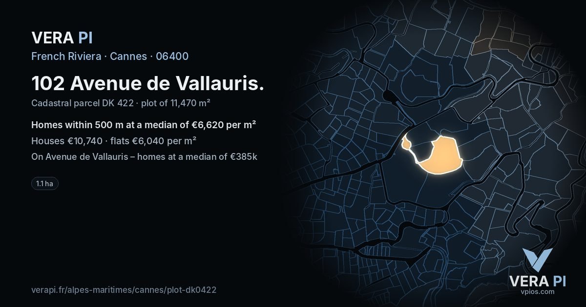 102 Avenue de Vallauris, Cannes at night – the plot lit, the parcels around coloured by the prices near them