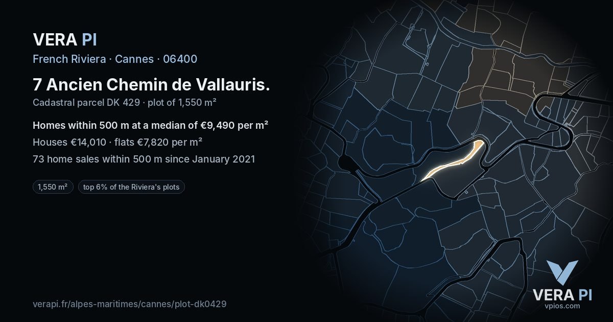 7 Ancien Chemin de Vallauris, Cannes at night – the plot lit, the parcels around coloured by the prices near them