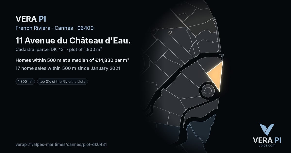 11 Avenue du Château d'Eau, Cannes at night – the plot lit, the parcels around coloured by the prices near them