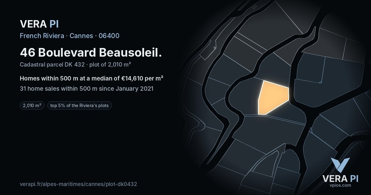 46 Boulevard Beausoleil, Cannes at night – the plot lit, the parcels around coloured by the prices near them