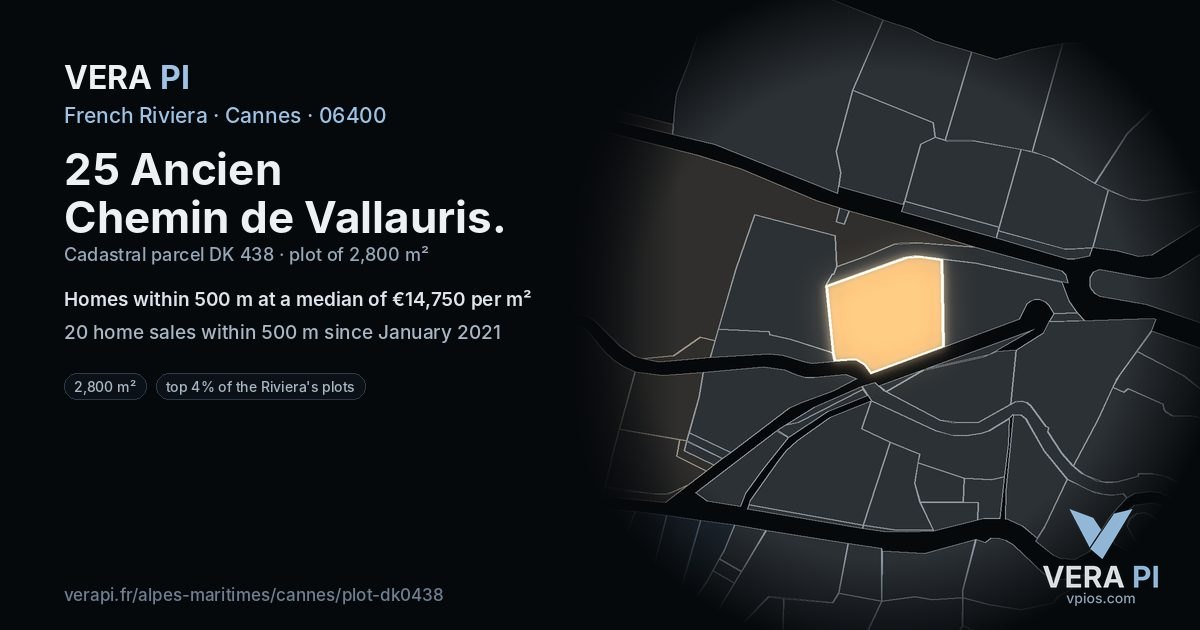 25 Ancien Chemin de Vallauris, Cannes at night – the plot lit, the parcels around coloured by the prices near them