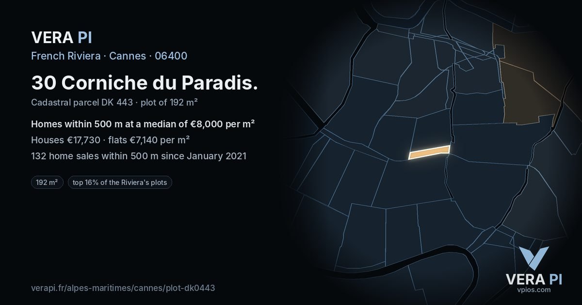 30 Corniche du Paradis, Cannes at night – the plot lit, the parcels around coloured by the prices near them