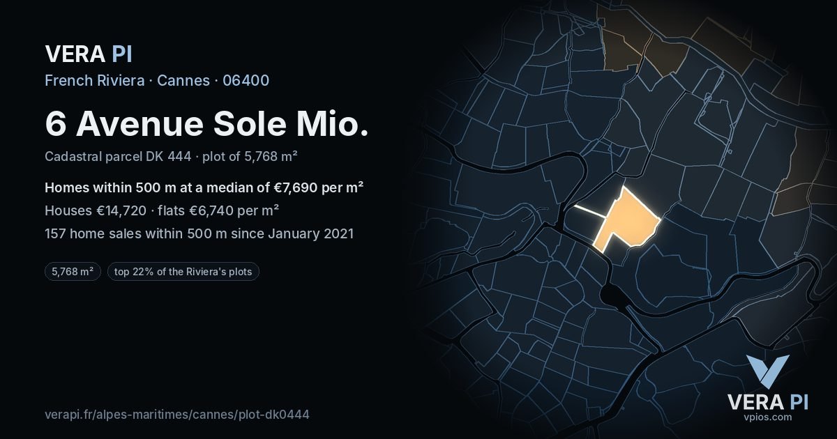 6 Avenue Sole Mio, Cannes at night – the plot lit, the parcels around coloured by the prices near them