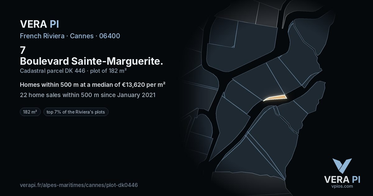 7 Boulevard Sainte-Marguerite, Cannes at night – the plot lit, the parcels around coloured by the prices near them