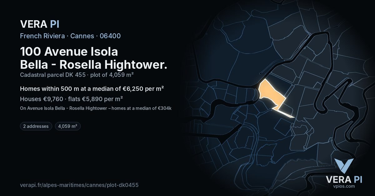 100 Avenue Isola Bella - Rosella Hightower, Cannes at night – the plot lit, the parcels around coloured by the prices near them