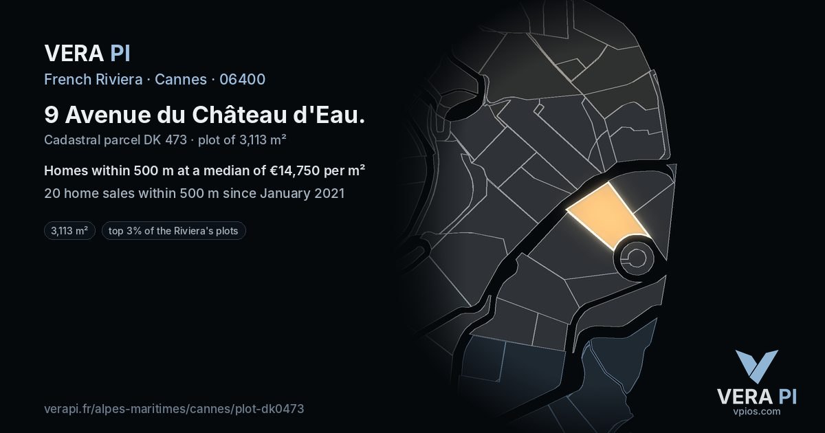 9 Avenue du Château d'Eau, Cannes at night – the plot lit, the parcels around coloured by the prices near them