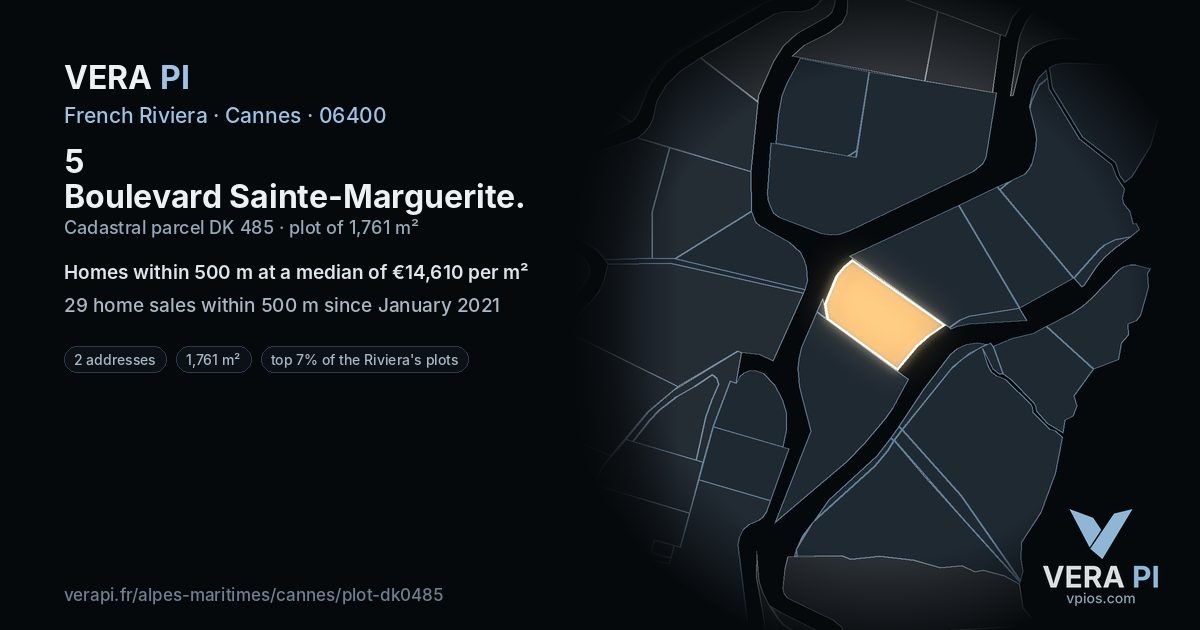 5 Boulevard Sainte-Marguerite, Cannes at night – the plot lit, the parcels around coloured by the prices near them