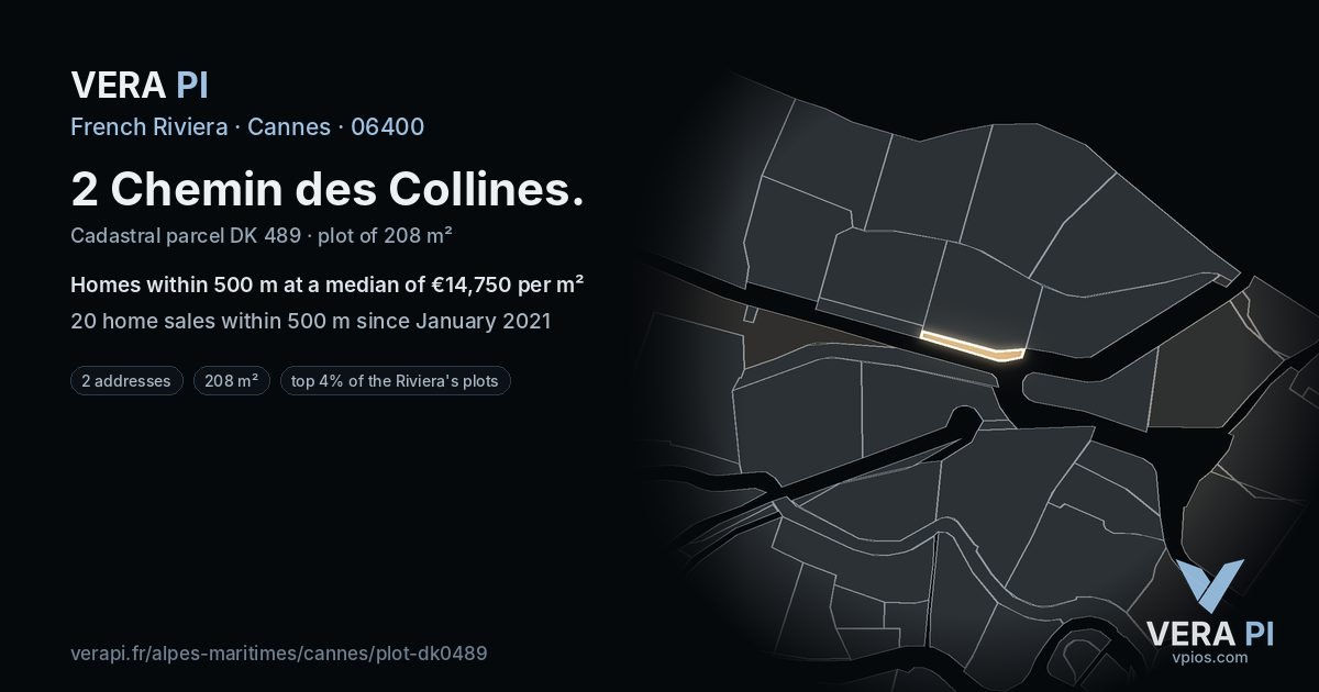 2 Chemin des Collines, Cannes at night – the plot lit, the parcels around coloured by the prices near them