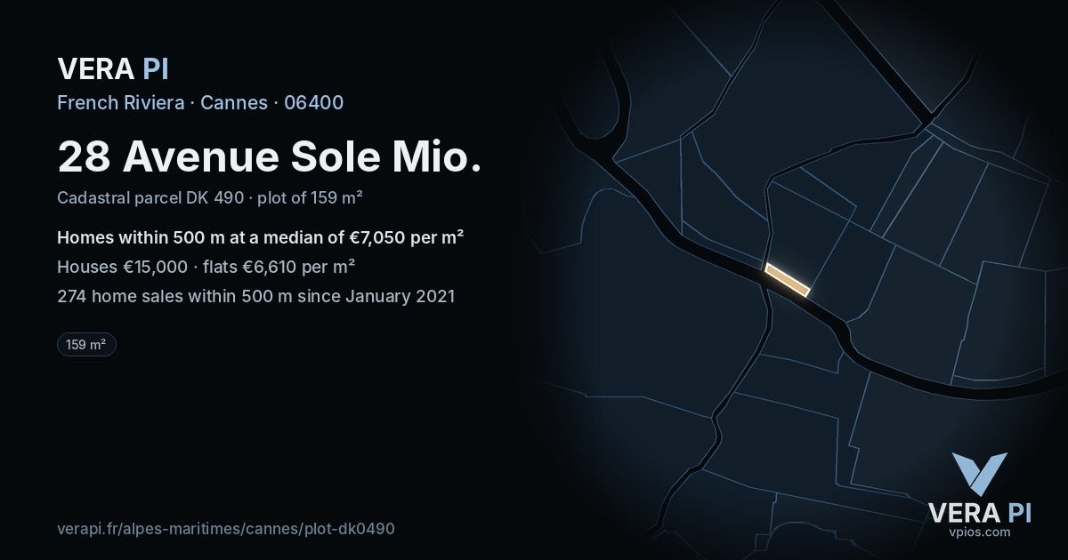 28 Avenue Sole Mio, Cannes at night – the plot lit, the parcels around coloured by the prices near them
