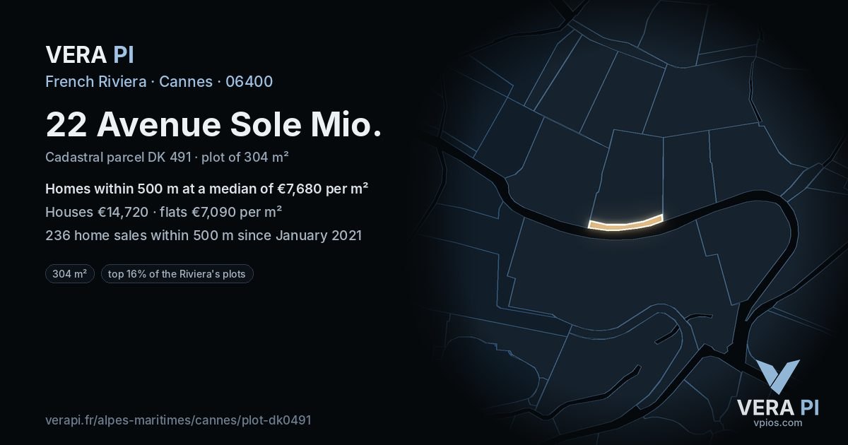 22 Avenue Sole Mio, Cannes at night – the plot lit, the parcels around coloured by the prices near them