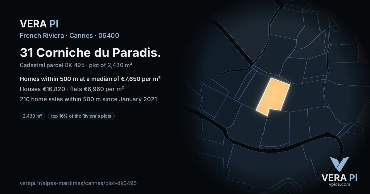 31 Corniche du Paradis, Cannes at night – the plot lit, the parcels around coloured by the prices near them
