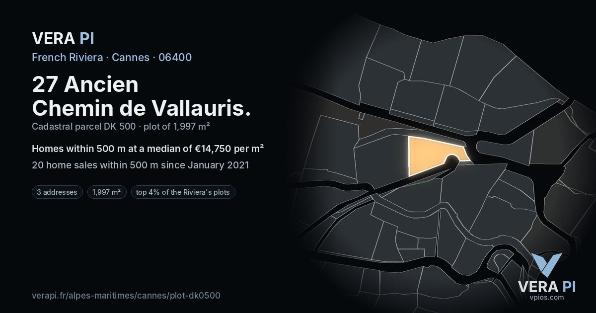 27 Ancien Chemin de Vallauris, Cannes at night – the plot lit, the parcels around coloured by the prices near them