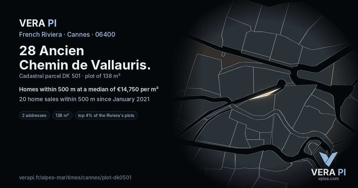 28 Ancien Chemin de Vallauris, Cannes at night – the plot lit, the parcels around coloured by the prices near them
