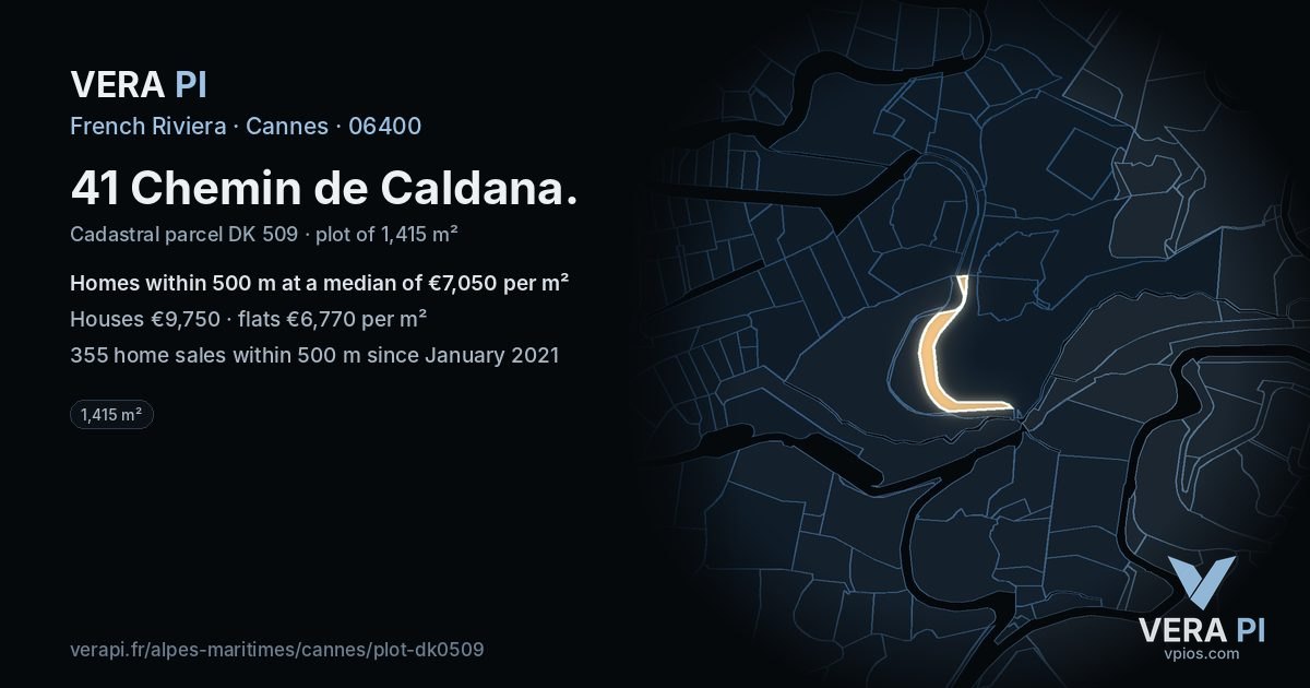 41 Chemin de Caldana, Cannes at night – the plot lit, the parcels around coloured by the prices near them