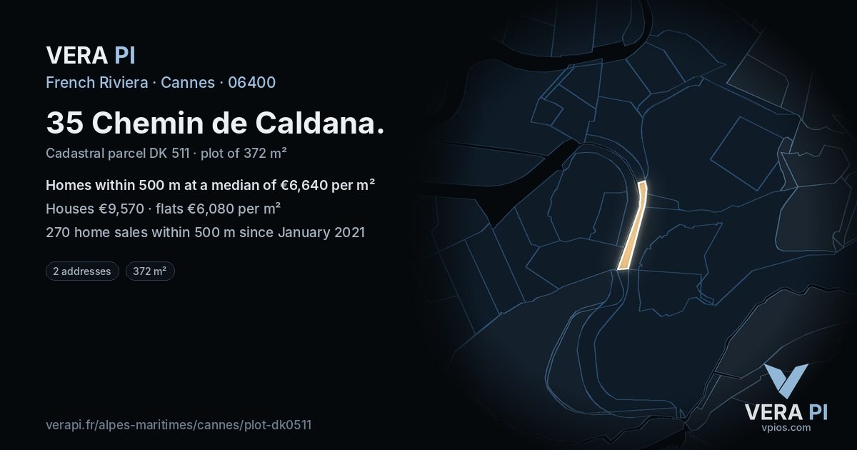 35 Chemin de Caldana, Cannes at night – the plot lit, the parcels around coloured by the prices near them
