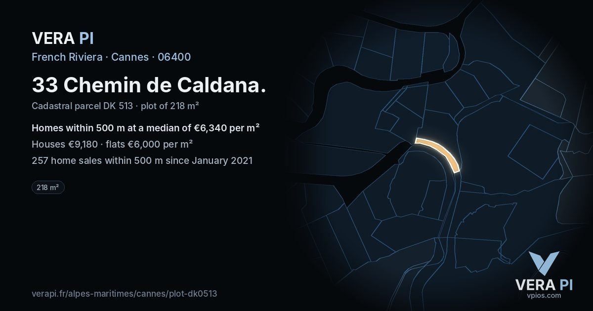 33 Chemin de Caldana, Cannes at night – the plot lit, the parcels around coloured by the prices near them