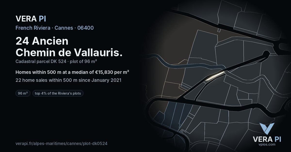 24 Ancien Chemin de Vallauris, Cannes at night – the plot lit, the parcels around coloured by the prices near them