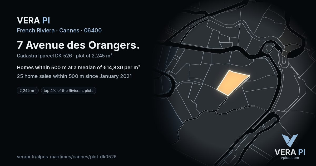 7 Avenue des Orangers, Cannes at night – the plot lit, the parcels around coloured by the prices near them
