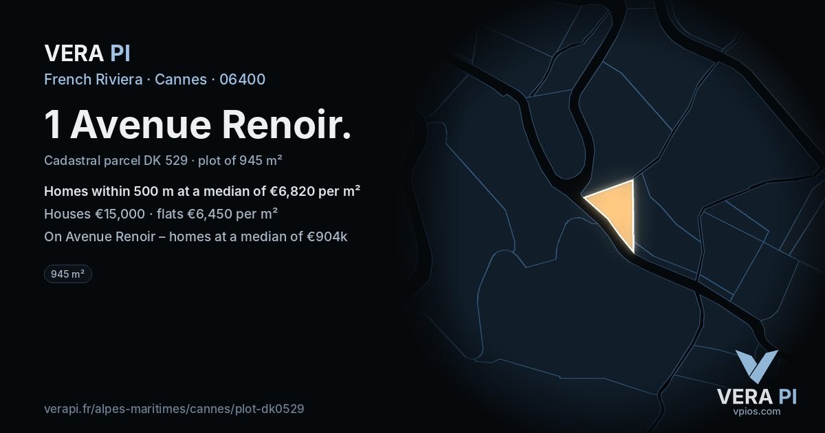 1 Avenue Renoir, Cannes at night – the plot lit, the parcels around coloured by the prices near them