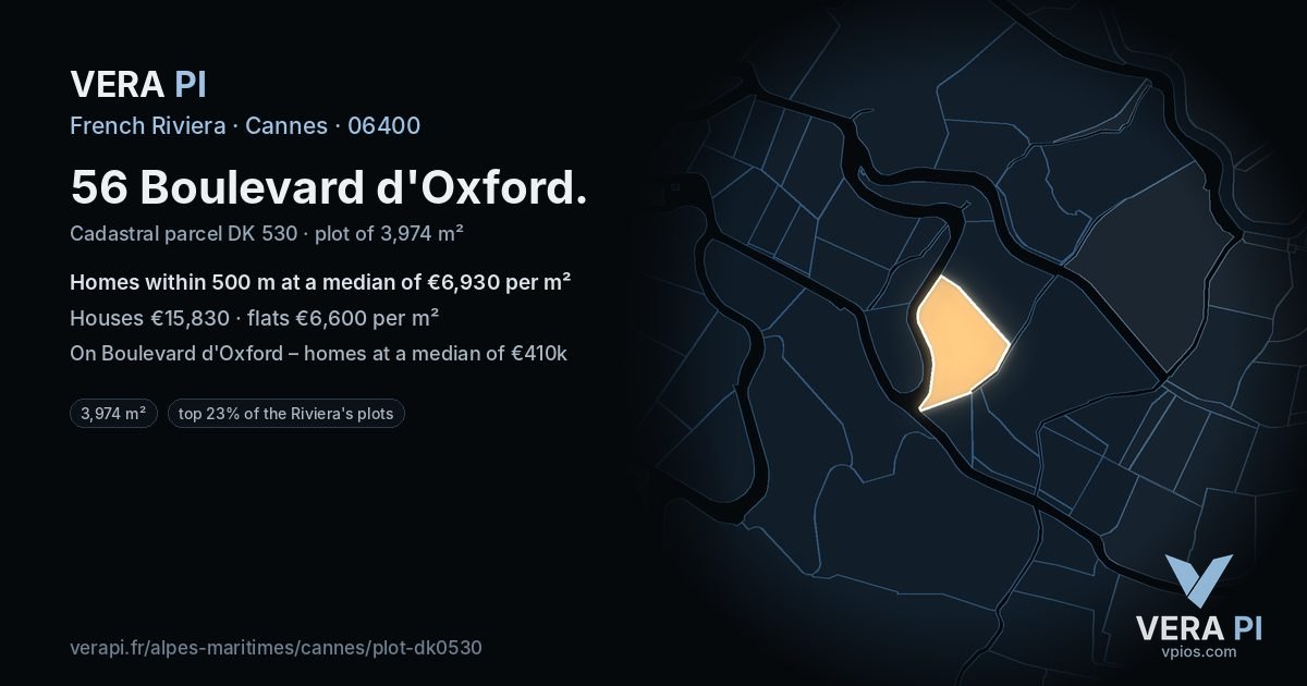 56 Boulevard d'Oxford, Cannes at night – the plot lit, the parcels around coloured by the prices near them