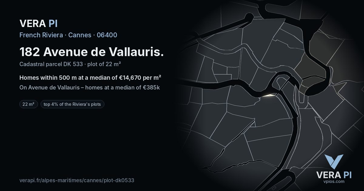 182 Avenue de Vallauris, Cannes at night – the plot lit, the parcels around coloured by the prices near them
