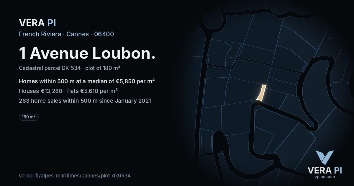 1 Avenue Loubon, Cannes at night – the plot lit, the parcels around coloured by the prices near them