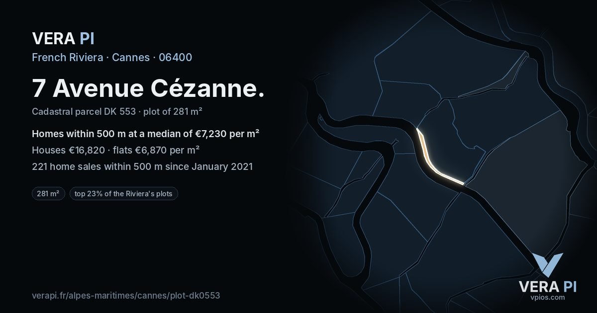 7 Avenue Cézanne, Cannes at night – the plot lit, the parcels around coloured by the prices near them