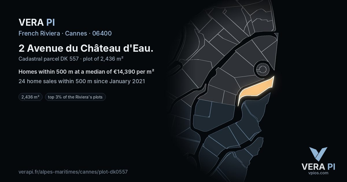 2 Avenue du Château d'Eau, Cannes at night – the plot lit, the parcels around coloured by the prices near them