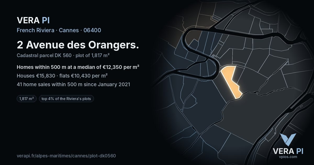 2 Avenue des Orangers, Cannes at night – the plot lit, the parcels around coloured by the prices near them