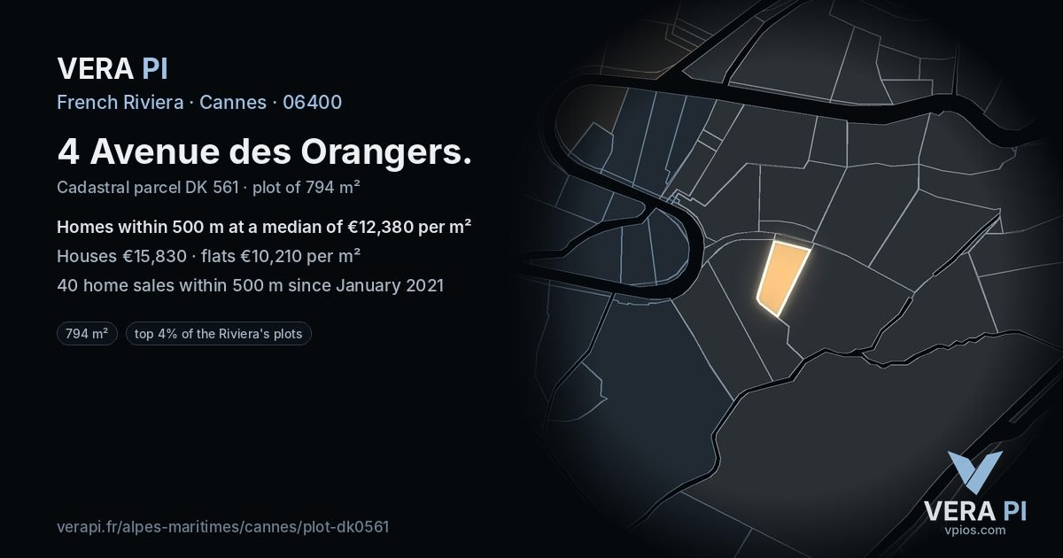 4 Avenue des Orangers, Cannes at night – the plot lit, the parcels around coloured by the prices near them