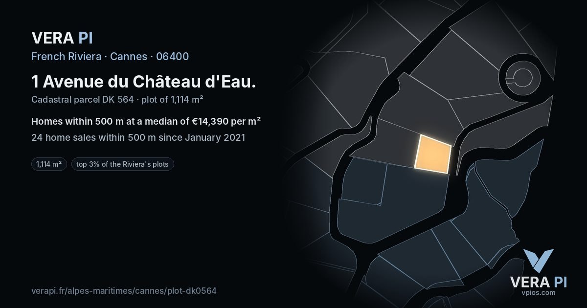 1 Avenue du Château d'Eau, Cannes at night – the plot lit, the parcels around coloured by the prices near them
