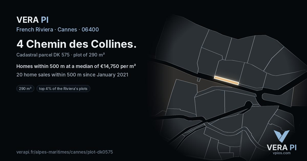4 Chemin des Collines, Cannes at night – the plot lit, the parcels around coloured by the prices near them