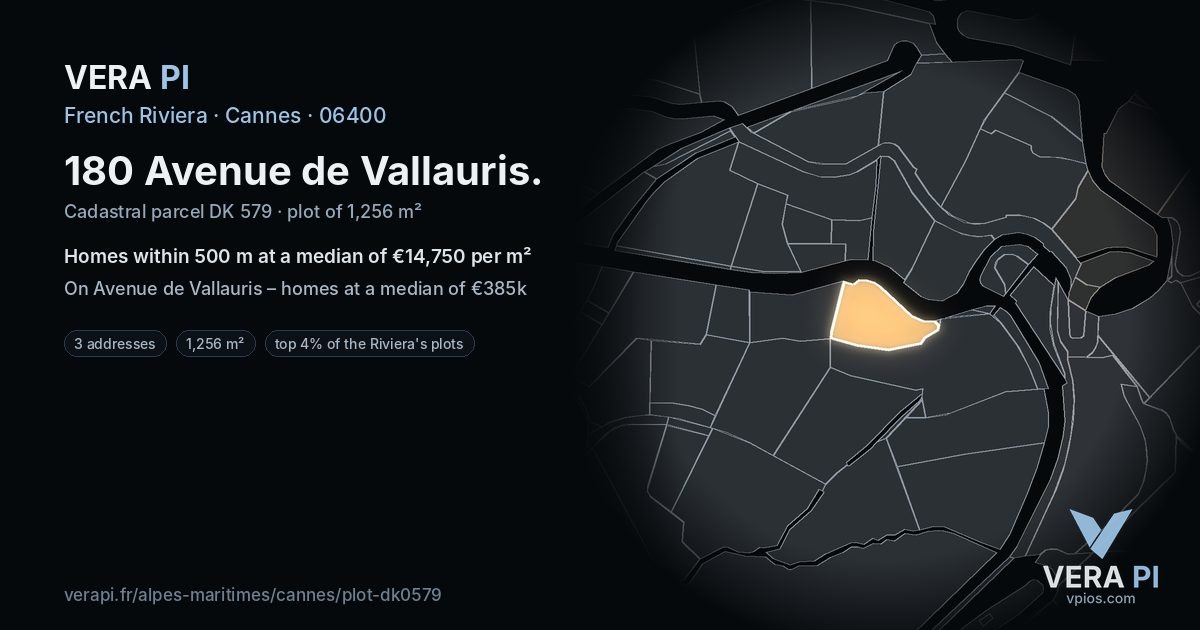 180 Avenue de Vallauris, Cannes at night – the plot lit, the parcels around coloured by the prices near them