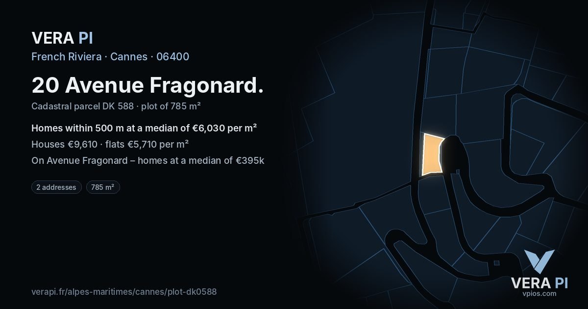 20 Avenue Fragonard, Cannes at night – the plot lit, the parcels around coloured by the prices near them
