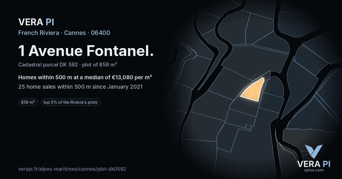 1 Avenue Fontanel, Cannes at night – the plot lit, the parcels around coloured by the prices near them
