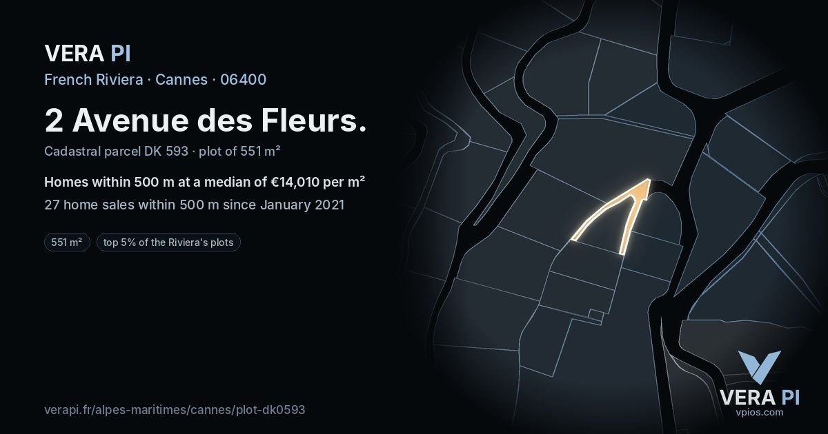 2 Avenue des Fleurs, Cannes at night – the plot lit, the parcels around coloured by the prices near them