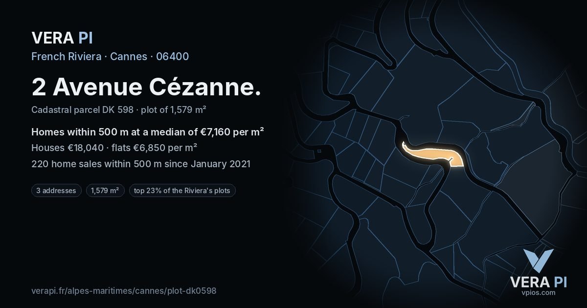 2 Avenue Cézanne, Cannes at night – the plot lit, the parcels around coloured by the prices near them