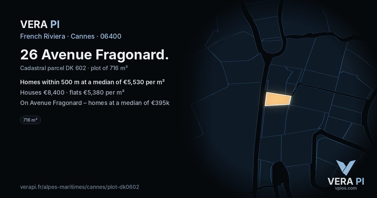 26 Avenue Fragonard, Cannes at night – the plot lit, the parcels around coloured by the prices near them